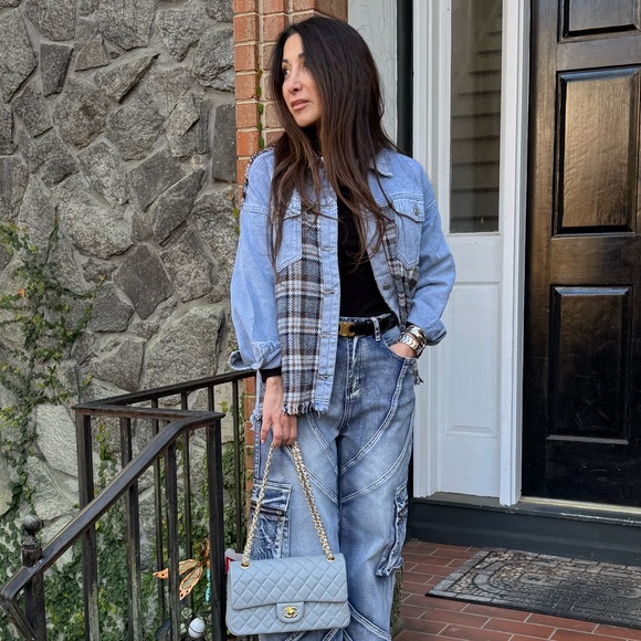 Chic Plaid Trim Jean Shirt Jacket From Paris France - Picture 2 of 4